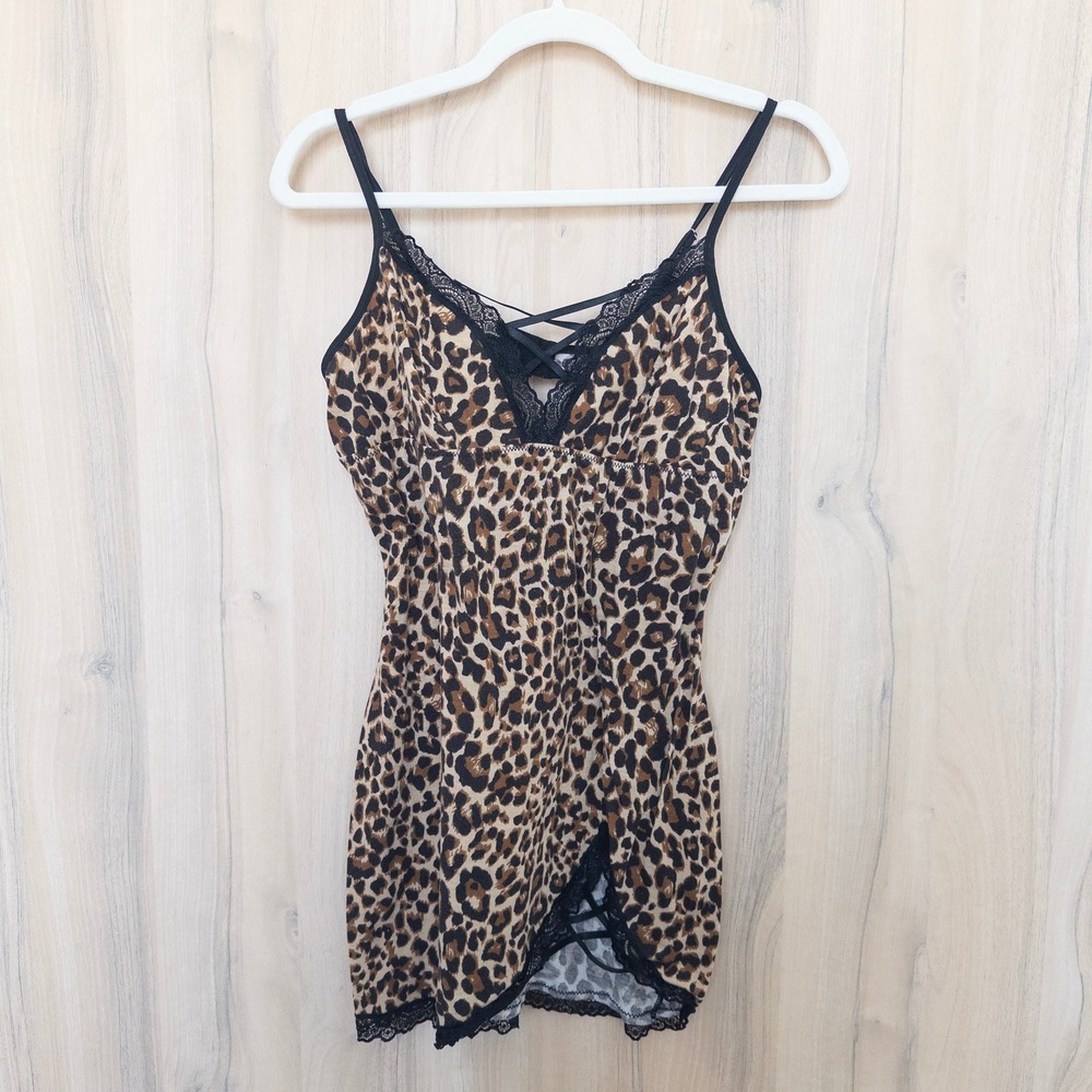 Womens Leopard Lace Trim Cami Top XL Brown Strappy Stretch Y2K Mob Wife Coquette